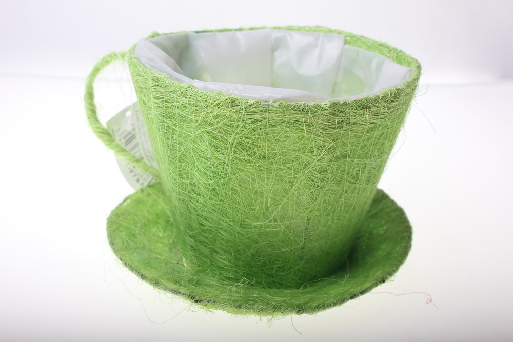 кашпо для цветов 8101-1 кашпо из сизаля чашка с блюдцем (h11 d14см) - зелёный 2470