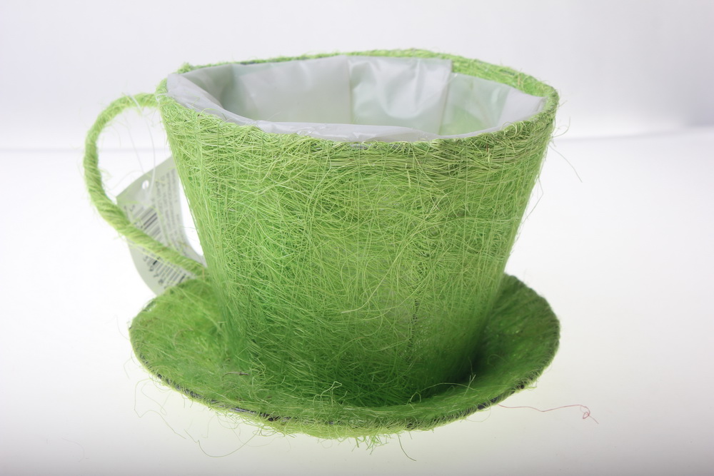 кашпо для цветов 8101-1 кашпо из сизаля чашка с блюдцем (h11 d14см) - зелёный 2470