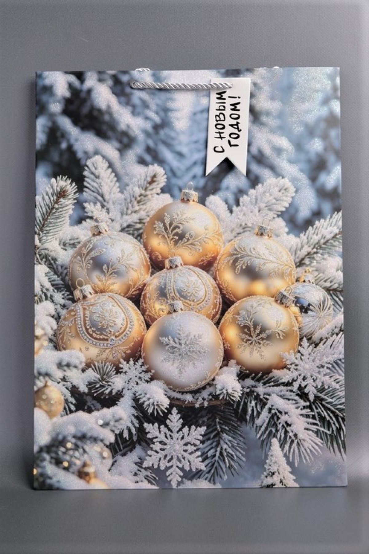Сумка Люкс НГ Золотые шары на голубом микс с зол. тисн.  31*42*12      N1720