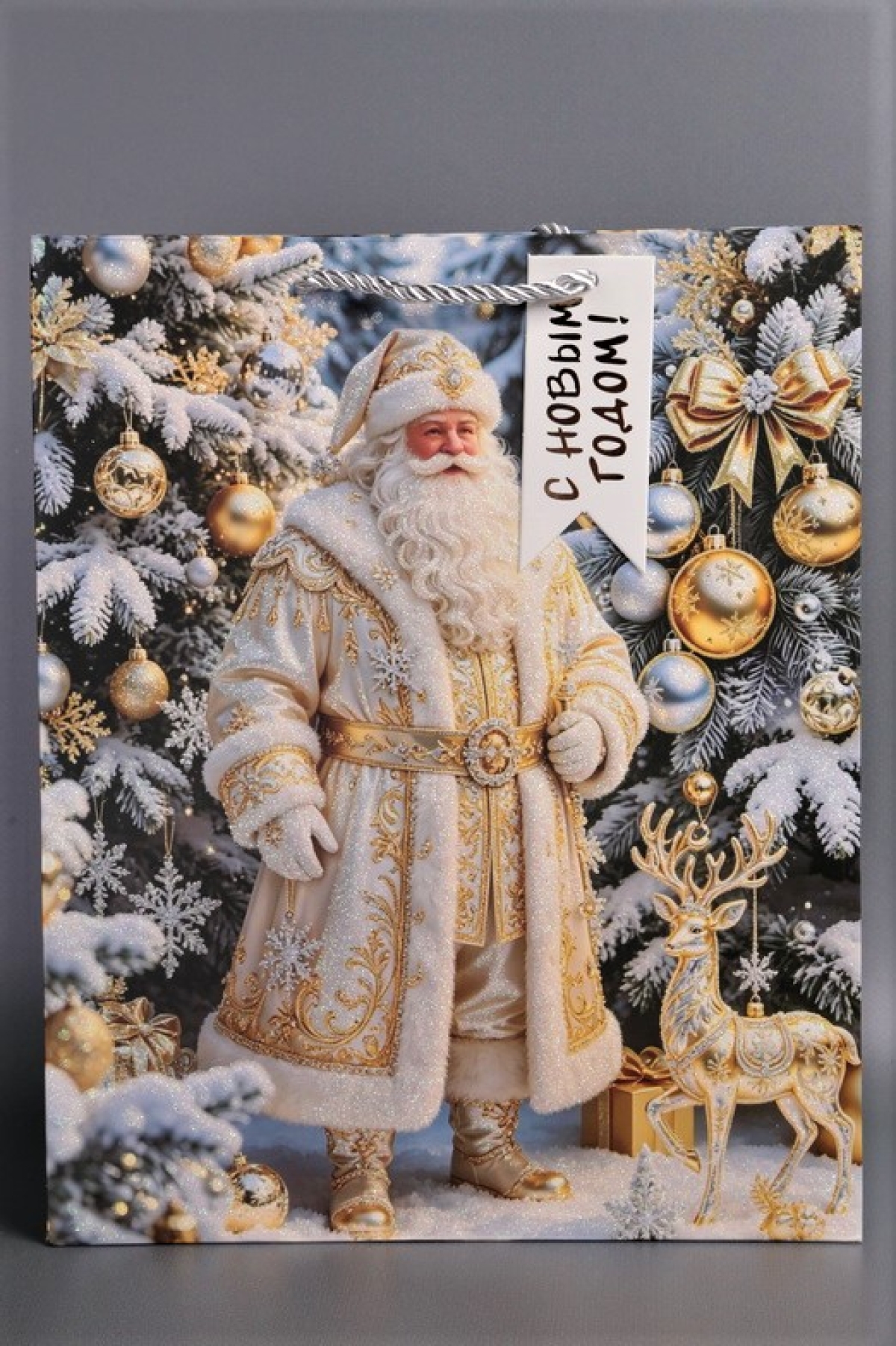 Сумка Люкс НГ Золотые шары на голубом микс с зол. тисн.  26*32*12      N1721