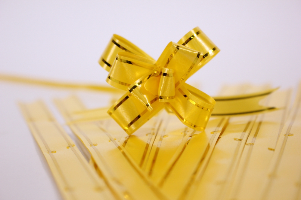 бант-бабочка 12х250мм золотая полоса - желтый (10 шт)