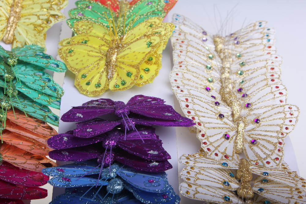 бабочки, шмели, пчёлы декоративная искусственная флористическая - бабочка на стикере  8 см  (24 шт.) 1029