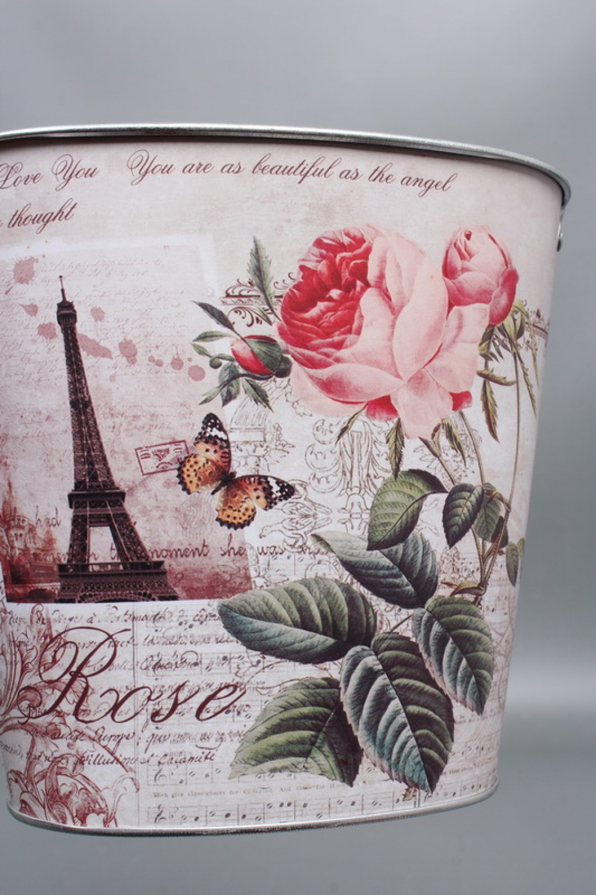 Декоративное овальное кашпо-ведерко "Французские розы" 18X11.5XH15.5/26.5 см. B:12.5X8.3. металл9223
