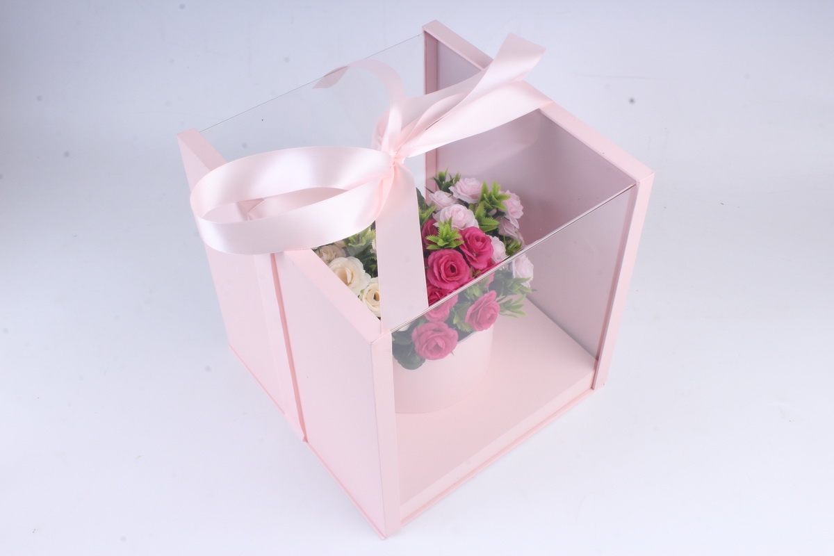 Коробка подарочная одиночная 1шт - Квадрат аквариум розовый 25*25*25см К831