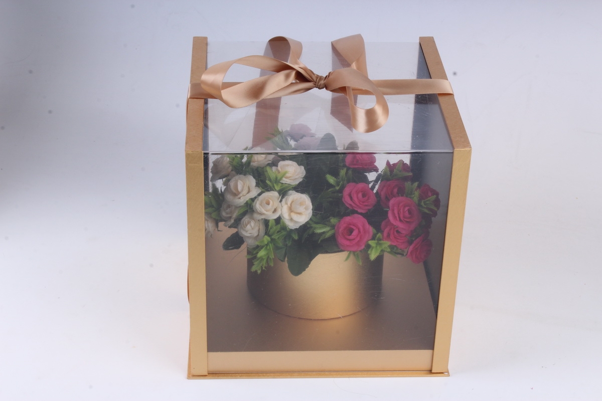 Коробка подарочная одиночная 1шт - Квадрат аквариум золото 25*25*25см К831
