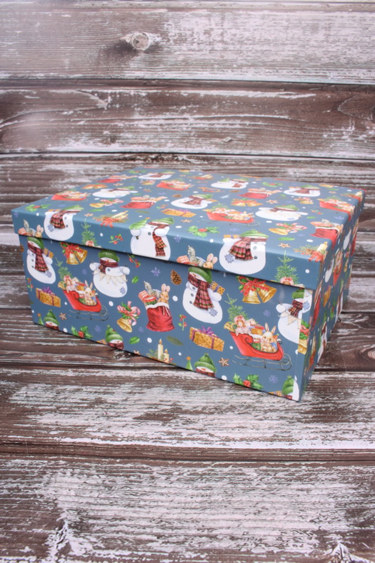 Коробка подарочная одиночная 1шт - Прямоугольник НГ Снеговики 33*25*14см  N833