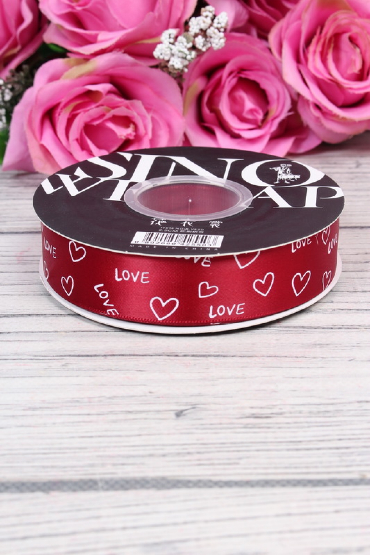 Лента декоративная "Love", полиэстер, 25 мм х 35 ярд., розовый 3785М