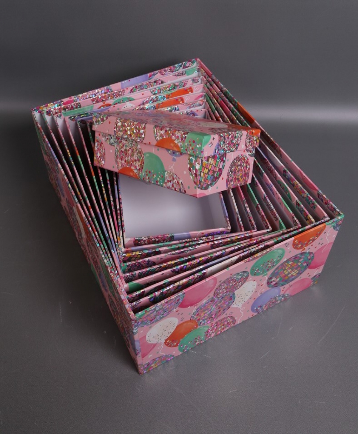 Набор подарочных коробок из 10 шт - Прямоугольник Воздушные шары голография 37*29*16 см К114