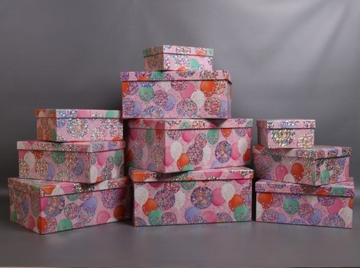 Набор подарочных коробок из 10 шт - Прямоугольник Воздушные шары голография 37*29*16 см К114