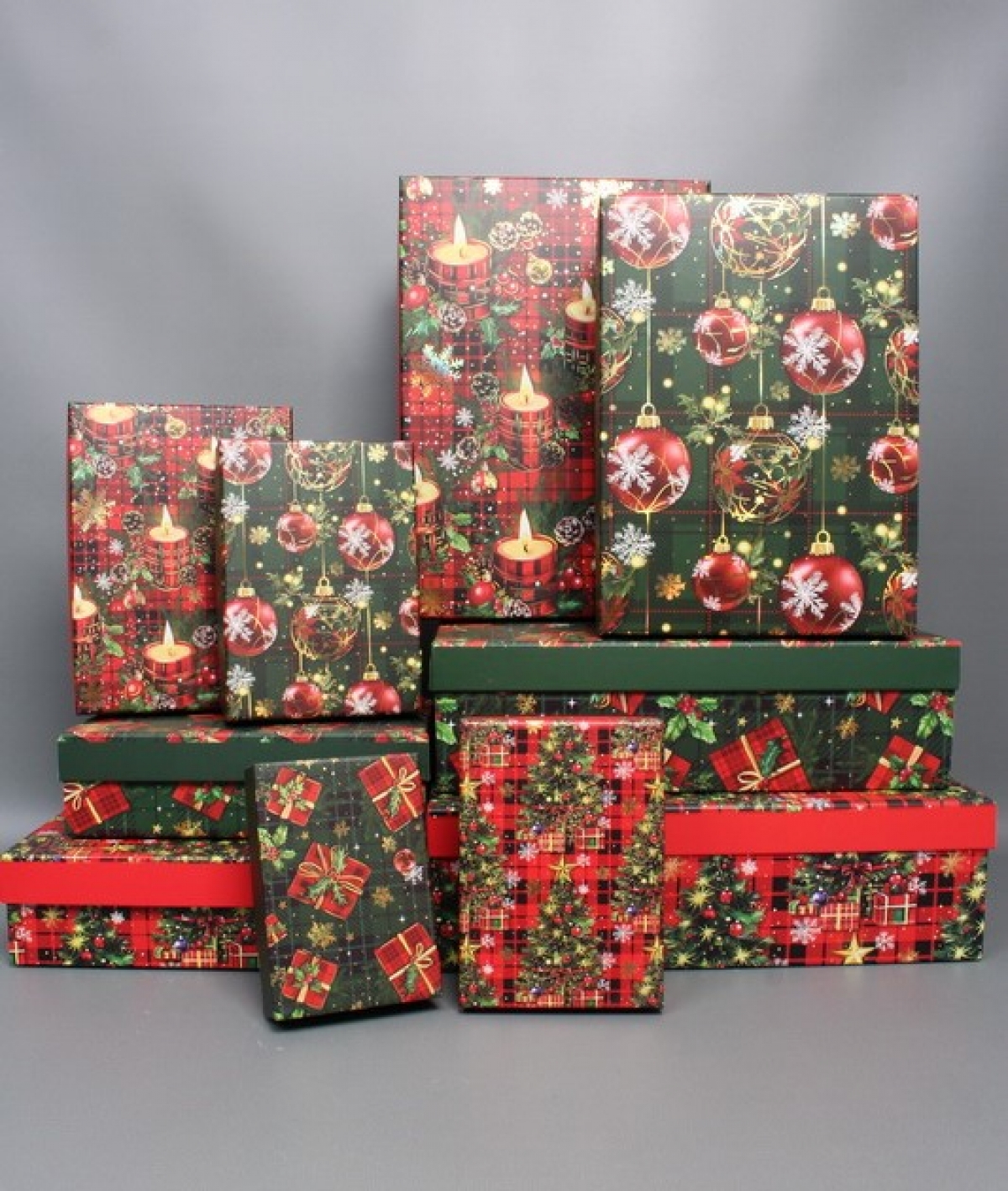 Набор подарочных коробок из 10шт - Прямоугольник НГ Ёлка шотландка 37*27*11  N2513