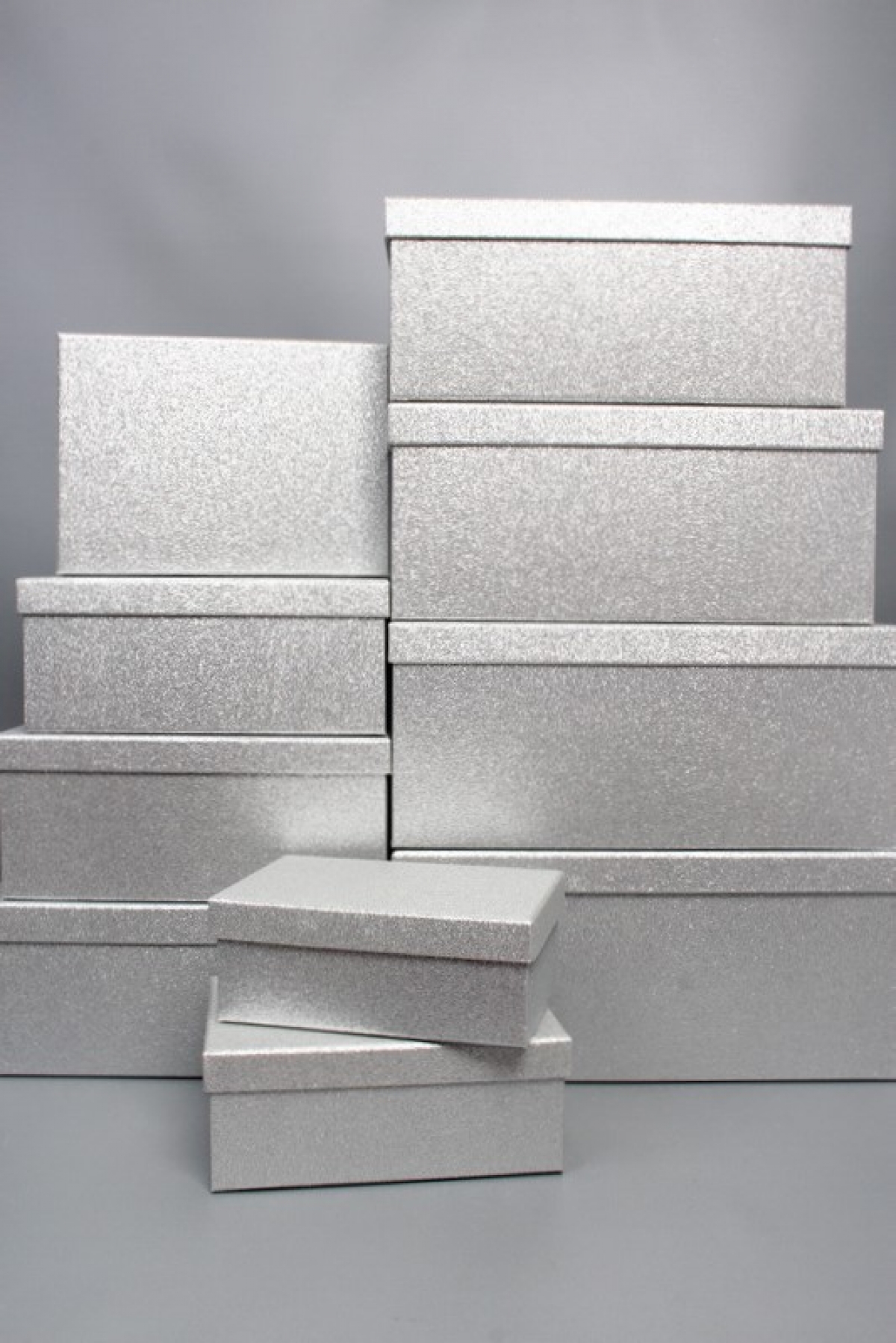 Набор подарочных коробок из 10шт - Прямоугольник НГ Искорка серебро с блестками 37*29*16  N344