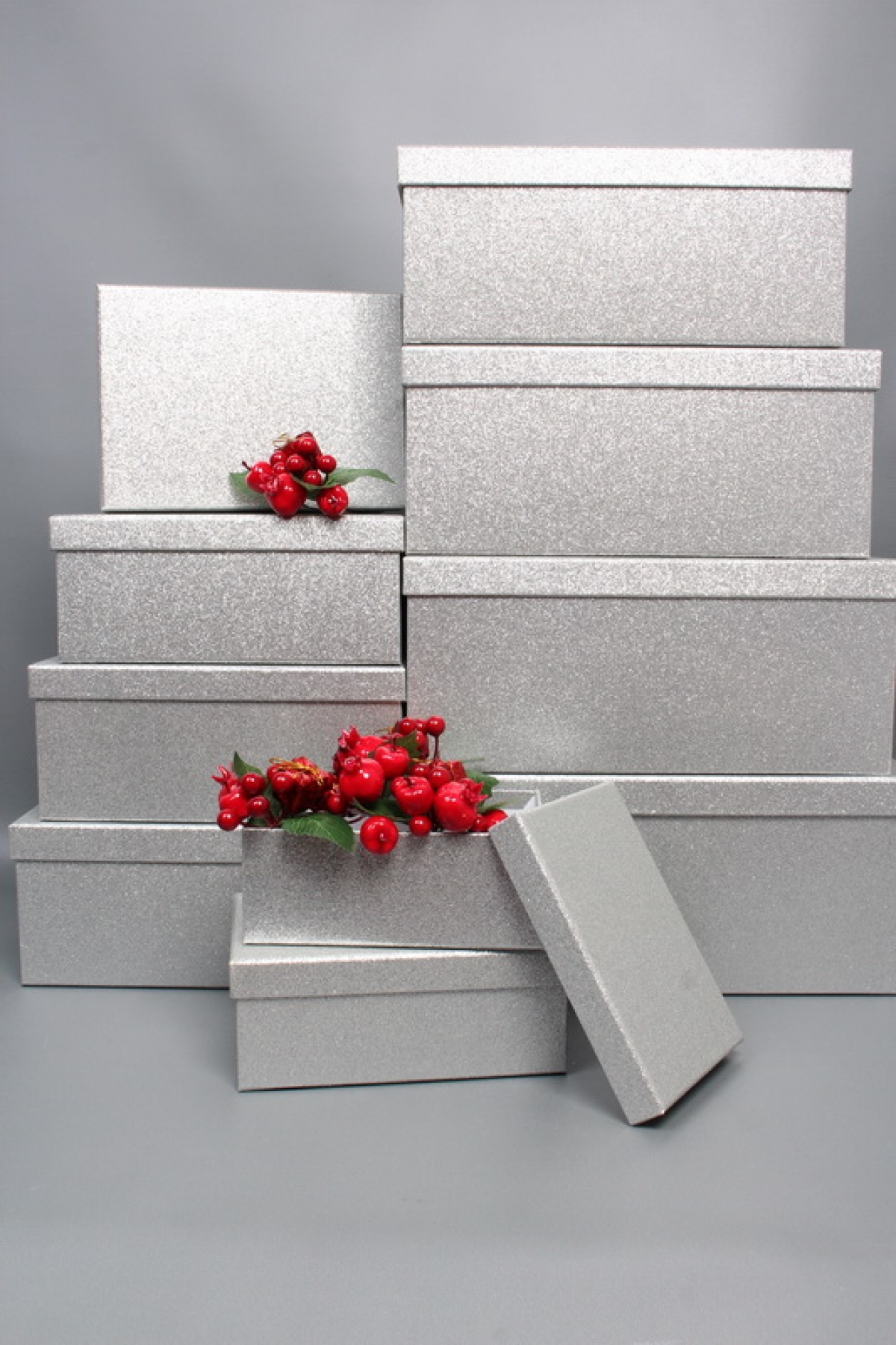 Набор подарочных коробок из 10шт - Прямоугольник НГ Искорка серебро с блестками 37*29*16  N344