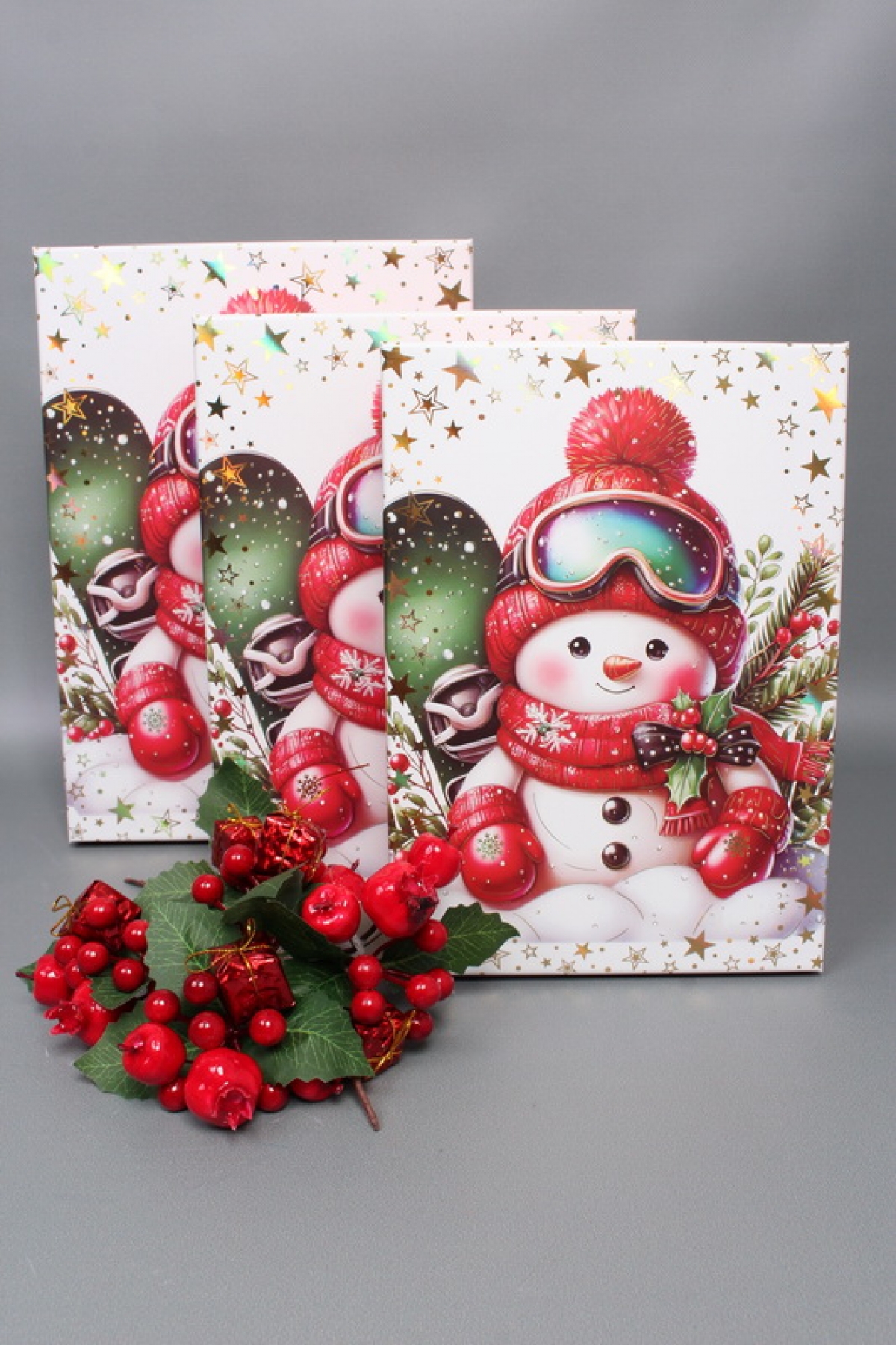 Набор подарочных коробок из 3шт - Прямоугольник НГ Снеговики с тиснением 33*23*9  N2508