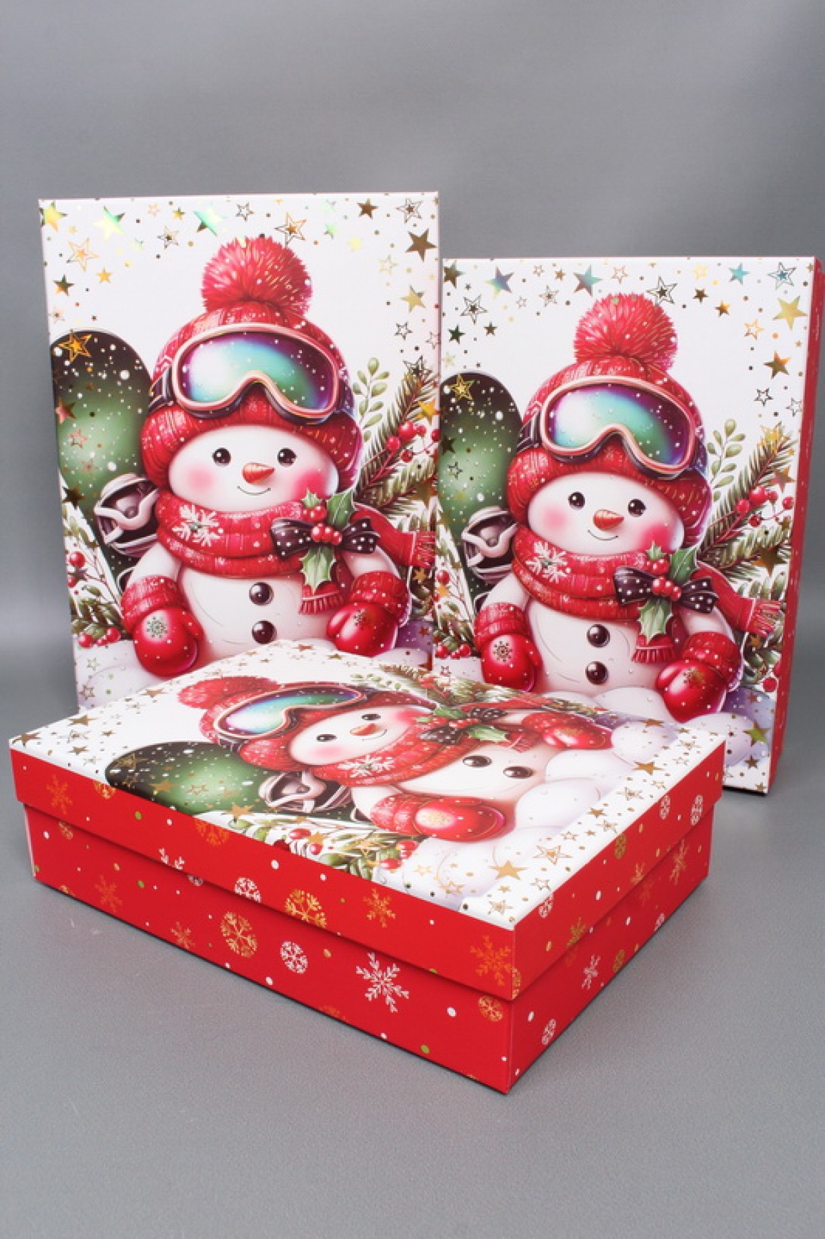 Набор подарочных коробок из 3шт - Прямоугольник НГ Снеговики с тиснением 33*23*9  N2508