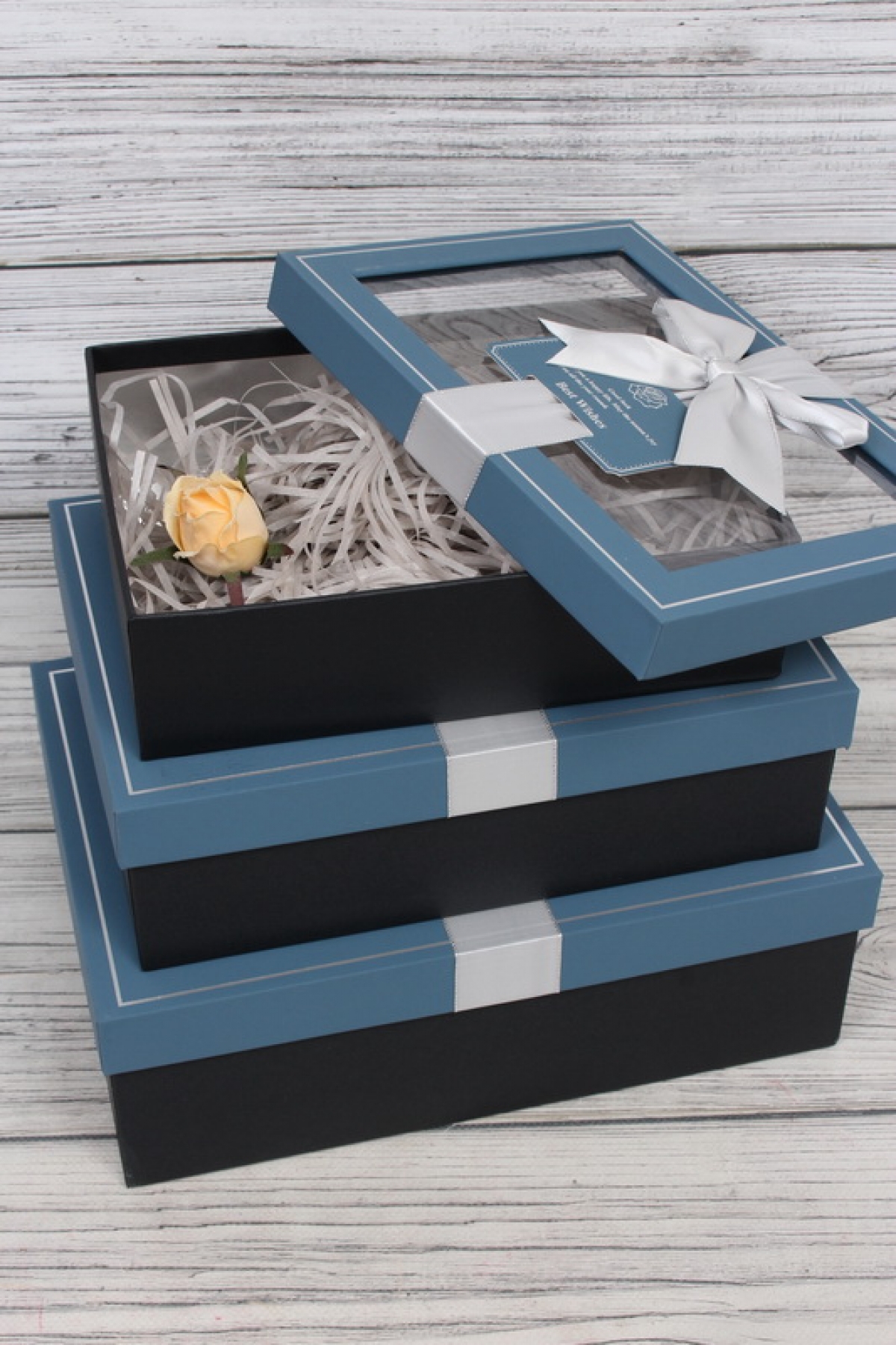 Набор подарочных коробок из 3шт - Прямоугольник с окном и наполнителем деним 29*21*9см К708