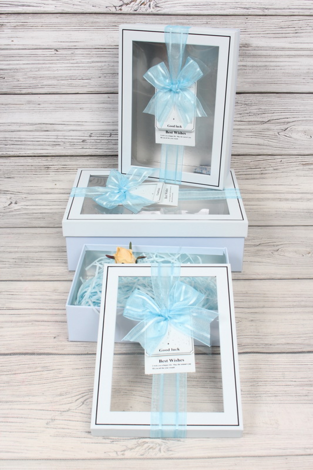 Набор подарочных коробок из 3шт - Прямоугольник с окном и наполнителем голубой 29*21*9см К706