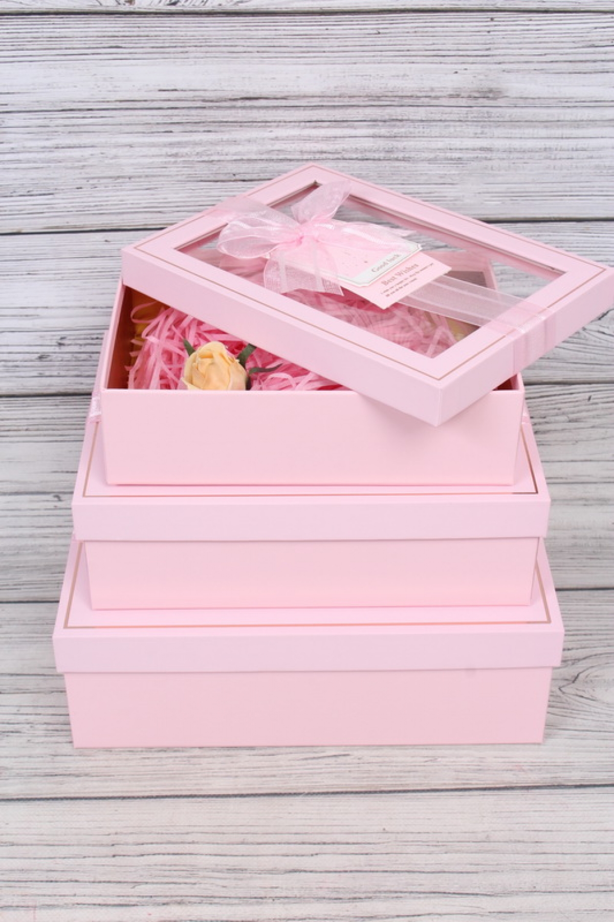 Набор подарочных коробок из 3шт - Прямоугольник с окном и наполнителем розовый 29*21*9см К706
