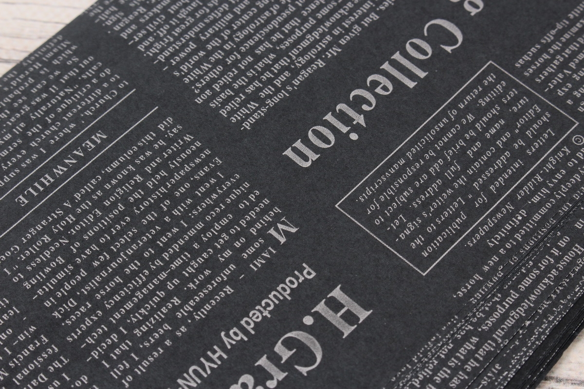 Тишью Бумага "Газета", 10  листов в упаковке, 20 грамм, 50cmx70cm, цв. серебристый на черном 4983Л
