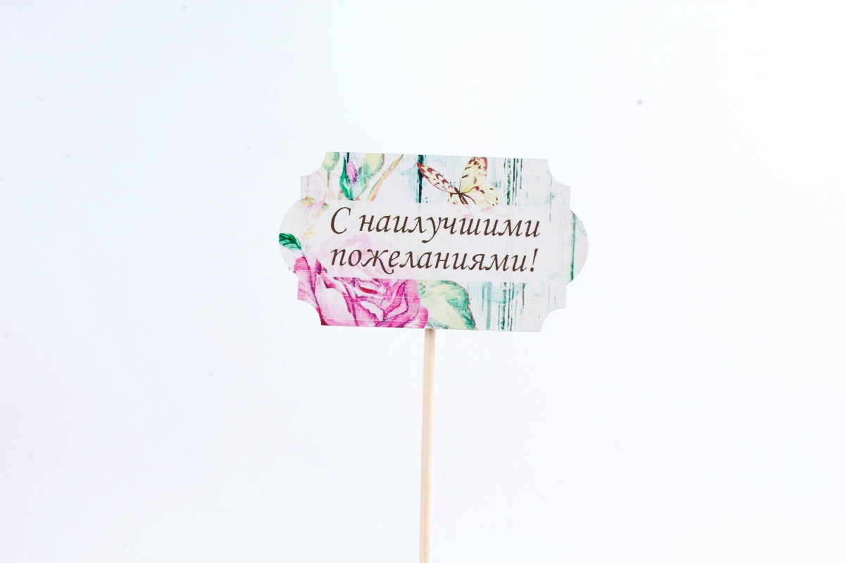 Топпер "С наилучшими пожеланиями!" на шпажке (8,3*28) МДФ 3мм, УФ печать, Тп256-02-0000