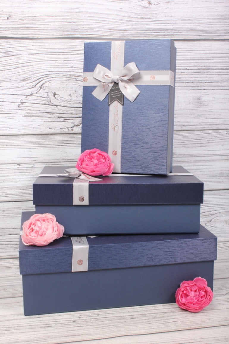 Набор подарочные коробок из 3шт -  Прямоугольник с розой синий 33*25*11см    К122