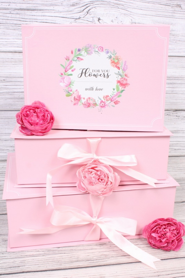 Набор подарочных коробок из 3шт - Прямоугольник шкатулка с бантом розовый 30*21*9,5см В341