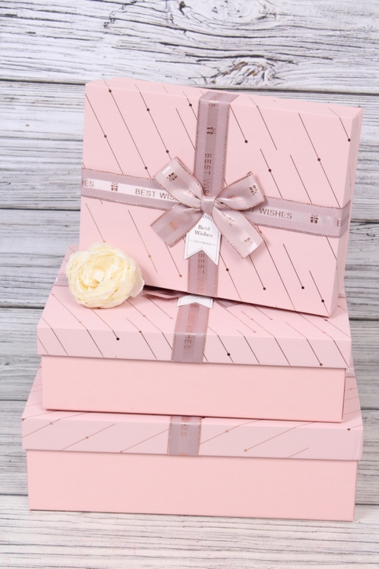 Набор подарочных коробок из 3шт - Прямоугольник Золотая полоска розовый 29*21*9см В580