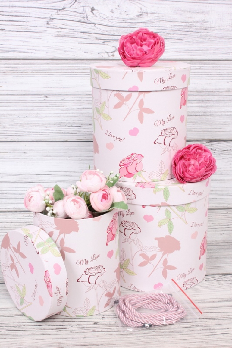 Набор подарочных коробок  из 3 шт - Цилиндр Цветы розовый d=16, h=16см  В338