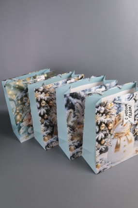 Сумка Люкс НГ Золотые шары на голубом микс с зол. тисн.  26*32*12      N1721