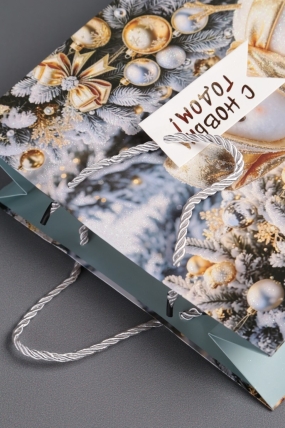 Сумка Люкс НГ Золотые шары на голубом микс с зол. тисн.  26*32*12      N1721