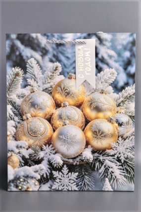 Сумка Люкс НГ Золотые шары на голубом микс с зол. тисн.  26*32*12      N1721