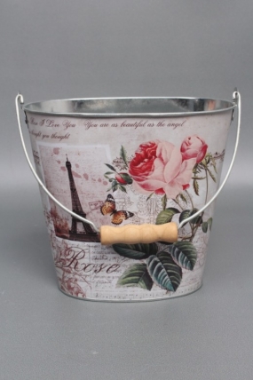 Декоративное овальное кашпо-ведерко "Французские розы" 18X11.5XH15.5/26.5 см. B:12.5X8.3. металл9223
