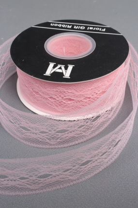 Лента декоративная "Кружево", полиэстер, 40 мм х 25 ярд., розовый 2352М