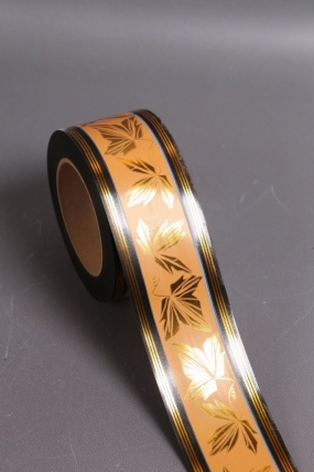 Лента с з/п ( 6см*50ярд) атласная С рисунком A685 БРОНЗОВЫЙ НА ЧЁРНОМ