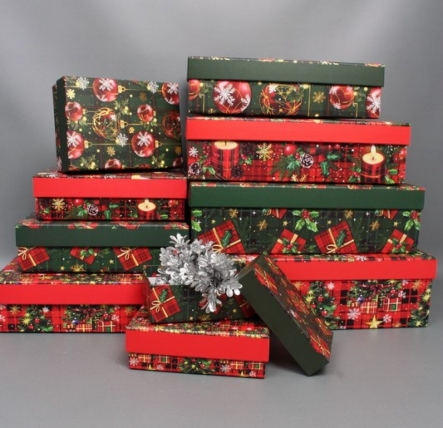 Набор подарочных коробок из 10шт - Прямоугольник НГ Ёлка шотландка 37*27*11  N2513