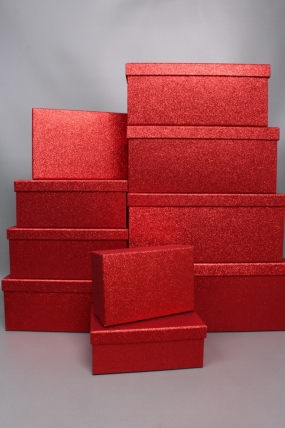Набор подарочных коробок из 10шт - Прямоугольник НГ Искорка красный с блестками 37*29*16  N343