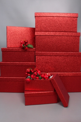 Набор подарочных коробок из 10шт - Прямоугольник НГ Искорка красный с блестками 37*29*16  N343