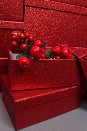 Набор подарочных коробок из 10шт - Прямоугольник НГ Искорка красный с блестками 37*29*16  N343