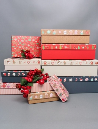 Набор подарочных коробок из 10шт - Прямоугольник НГ Новогодний декор с тиснением 37*27*11  N2511